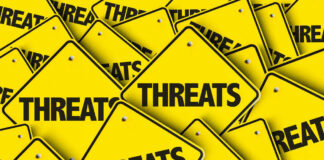 Yellow signs with the word threats overlapping