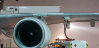 Ground crew fueling an aircraft during snowy weather