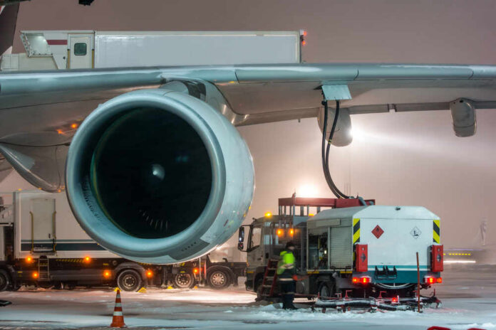 shutterstock_533306536.jpg Ground crew fueling an aircraft during snowy weather