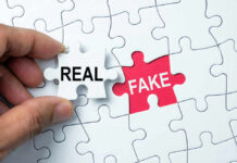 A hand holding a white puzzle piece labeled 'REAL' next to a red puzzle piece labeled 'FAKE'
