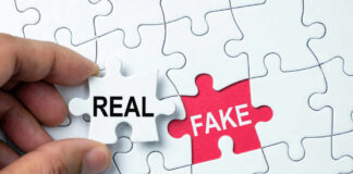 A hand holding a white puzzle piece labeled 'REAL' next to a red puzzle piece labeled 'FAKE'