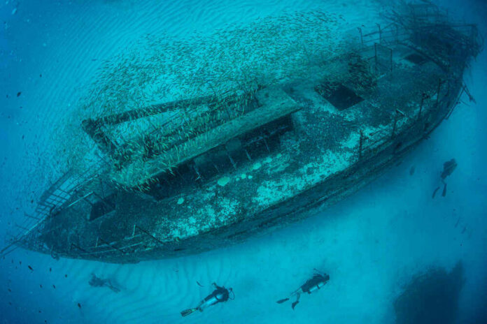 shutterstock_1914250144 Underwater shipwreck with divers and school of fish.