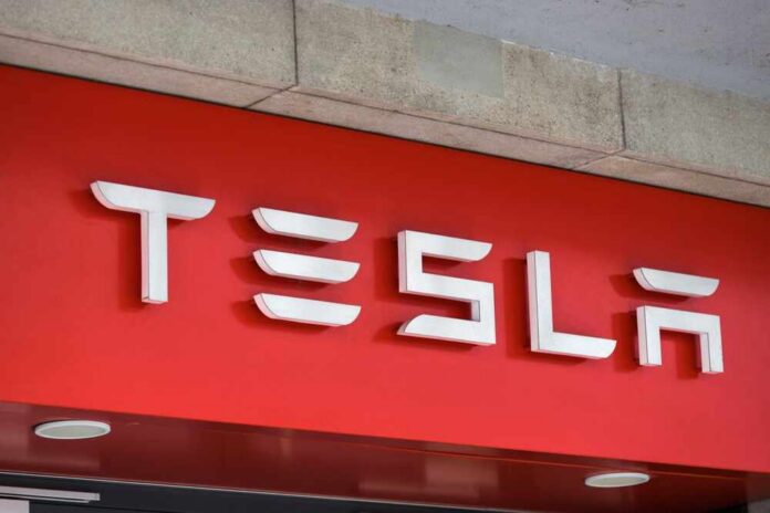shutterstock_2225947479.jpg Tesla logo displayed on a red background