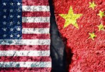 A split image showing the American flag on one side and the Chinese flag on the other