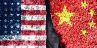 A split image showing the American flag on one side and the Chinese flag on the other