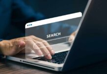 Internet Search Wars CLAIM Another Victim Person typing on a laptop with a search bar overlay