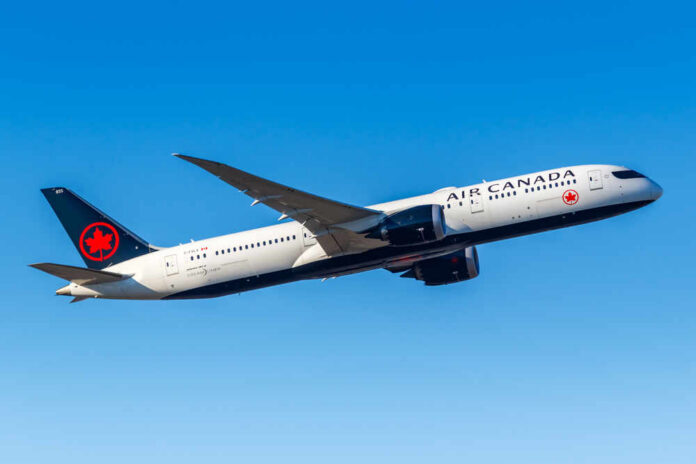 Frankfurt,,Germany,-,February,13,,2021:,Air,Canada,Boeing,787-9 Air Canada airplane flying against a clear blue sky
