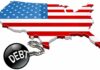 Debt Boom, Thin Savings — TICKING TIME BOMB Map of the USA with an American flag design and a ball and chain labeled 'DEBT'