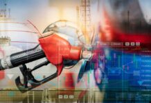 Stocks Party, Pump Pain Might Linger Gas pump with financial data overlay and oil refinery in the background