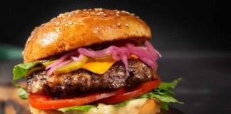 Close-up of a gourmet cheeseburger with lettuce, tomato, and pickled onions