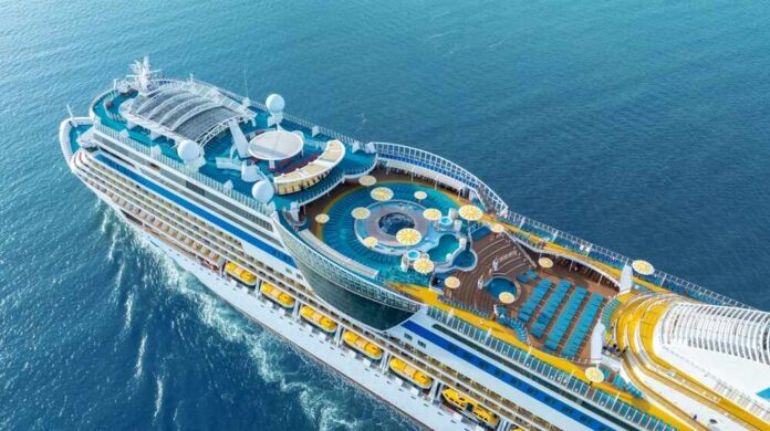 Aerial view of a cruise ship with various deck amenities