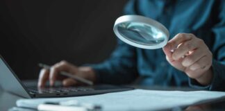 Person using a magnifying glass while working on a laptop