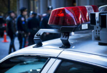 Weekend Carnage: 19 Shot, 6 Dead Police car roof with lights, officers in background.