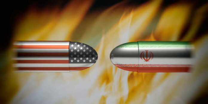Usa,And,Iran,Conflict,Concept.,Iranian,And,American,Flags,On Bullets painted with U.S. and Iran flags face each other amid flames
