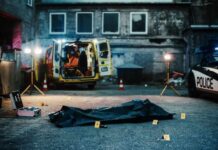 Parking Fight Turns TRIPLE Execution Police investigation at a crime scene with a covered body and evidence markers
