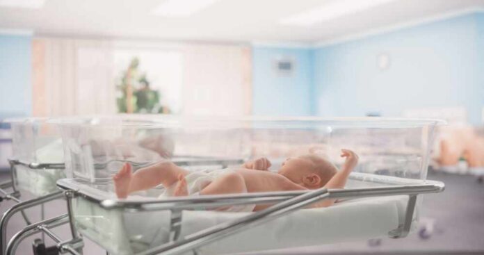 Adorable,Caucasian,Newborn,Child,Lying,In,Hospital,Bed,In,A Newborn baby lying in a transparent crib in a hospital nursery