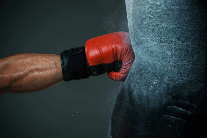 shutterstock_234954166 Boxers gloved hand punching a heavy bag.