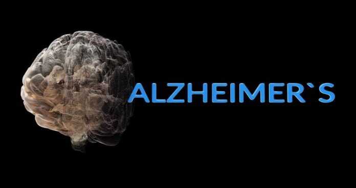 Deteriorating,Brain,Model,With,"alzheimer's",Text,,Depicting,Neurodegenerative,Condition,And Person in blue gloves handling test tubes in a laboratory