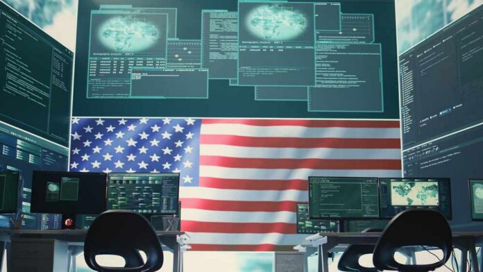 High,Tech,Governmental,Cyber,Operations,Center,With,Usa,Flag.,Network A high-tech workspace featuring multiple computer monitors displaying data and an American flag in the background