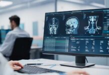 Doctor reviews brain MRI scans on a widescreen computer monitor