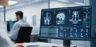 Doctor reviews brain MRI scans on a widescreen computer monitor