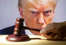 Judge Slams Trump — Third Strike Gavel in front of Donald Trumps face on screen.