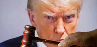 Gavel in front of Donald Trumps face on screen.