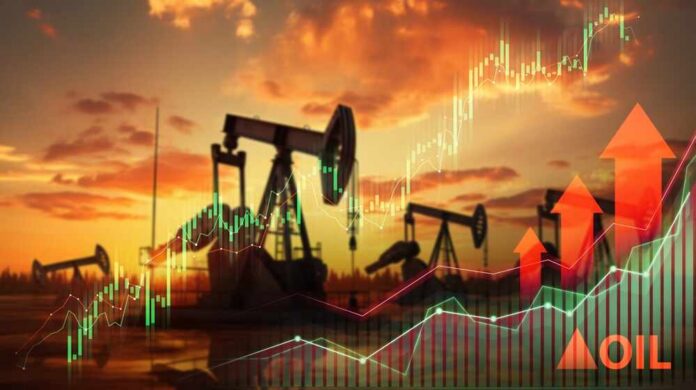 Oil,Pump,Jacks,And,Refinery,Silhouettes,With,Overlay,Of,Bullish Graphical representation of oil prices with oil pumps at sunset