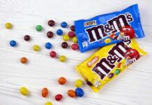 Candy Icons Get A Makeunder M&M's candy bags with scattered colorful candies on a white table