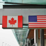 Tariff Brawl Explodes Canada and U.S. flags at an airport.