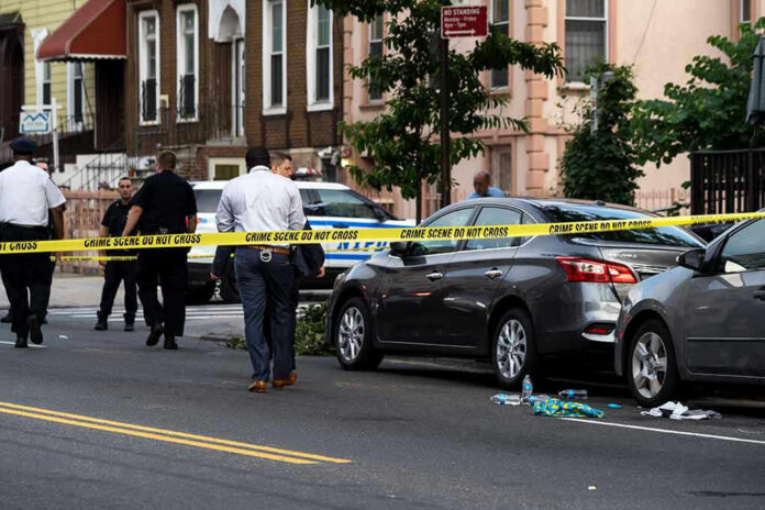 1437619232-2 Police and crime scene tape on city street.