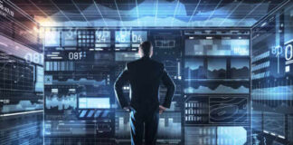 A businessman analyzing data on a digital interface