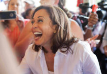 Kamala Harris smiling in a crowd