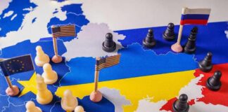 A map of Europe with chess pieces and flags representing different countries