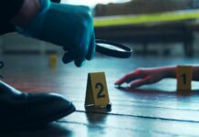 Killer’s Gambit: Judge On The Hot Seat A detective examining evidence at a crime scene with markers on the floor
