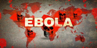 Ebola text over world map with red splatters and skulls