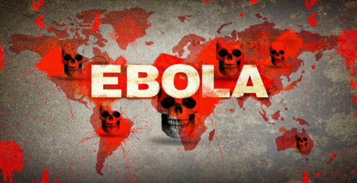 Ebola text over world map with red splatters and skulls