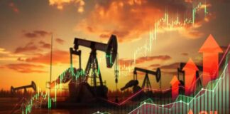 Graphical representation of oil prices with oil pumps at sunset