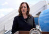 Kamala’s Gambit Risks Huge Backfire Kamala Harris speaking in front of airplane stairs.