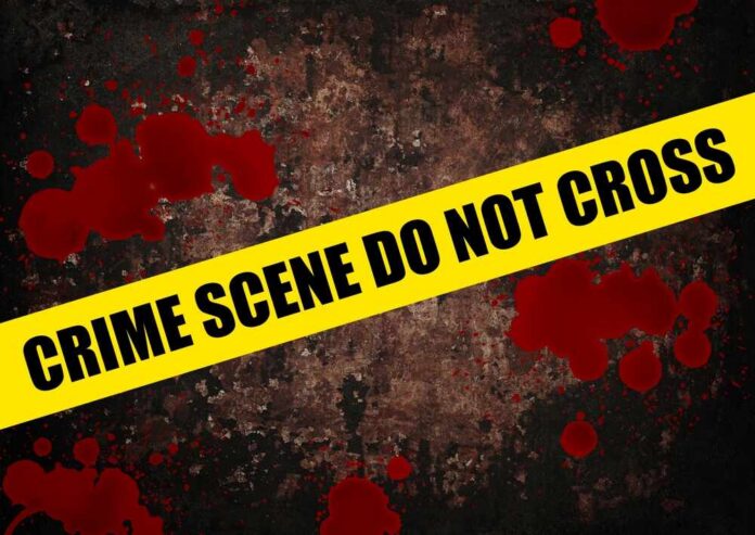 Close,Up,Yellow,Police,Barricade,Tape,With,Crime,Scene,Do Yellow caution tape reading 'CRIME SCENE DO NOT CROSS' over a dark, blood-splattered background