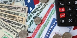 Various denominations of U.S. currency and financial documents on a flag background