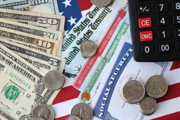 American,Us,Dollars,Money,Bills,,Social,Security,Number,Card,And Various denominations of U.S. currency and financial documents on a flag background
