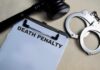 Pop Star Murder Case Explodes – Death Penalty?! Clipboard with death penalty document beside gavel and handcuffs
