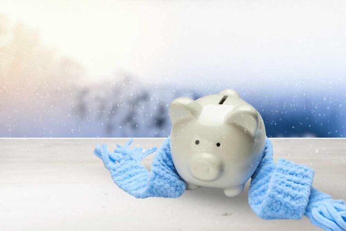 Piggy,Bank,In,Blue,Scarf,Surrounded,By,Winter,Scenery