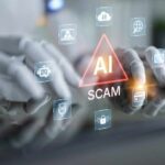 Robot hands hovering over a tablet with AI scam warning icons