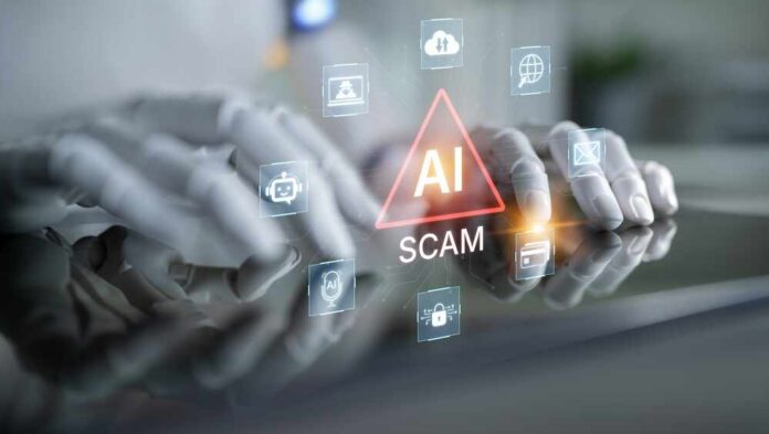 Robot hands hovering over a tablet with AI scam warning icons