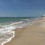 Sandy beach with gentle waves under a clear blue sky