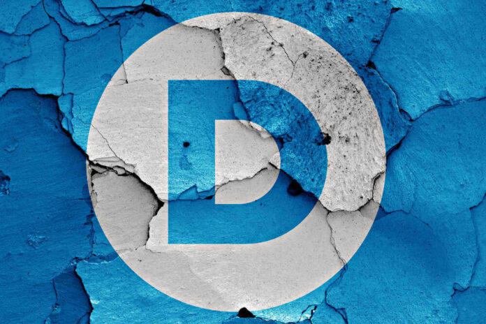 shutterstock_371190023 Democratic Party logo on a cracked, peeling surface.