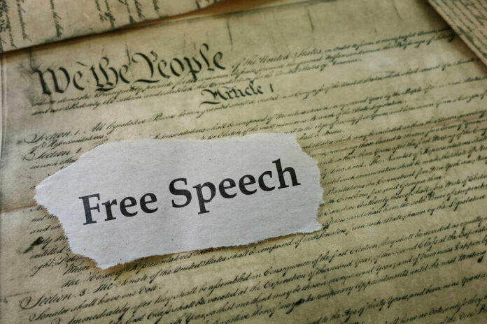 U.S. Constitution with Free Speech text overlay.