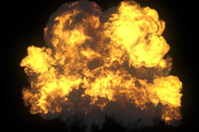 Realistic,Fiery,Explosion,Over,A,Black,Background,3d,Illustration A large explosion with flames and smoke against a dark background